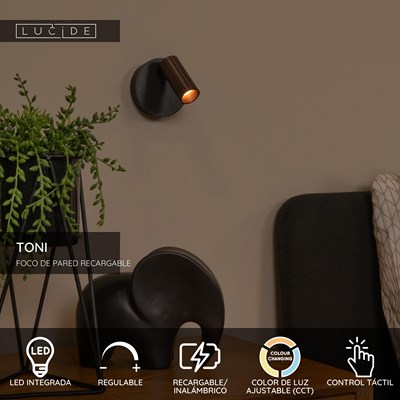 Lucide TONI - Foco de pared / Lámpara de pared Recargable - Batería/acumulador - Ø 8,1 cm - LED Regul. - CCT - 1x2W 2700K/4000K - Magnético - Café